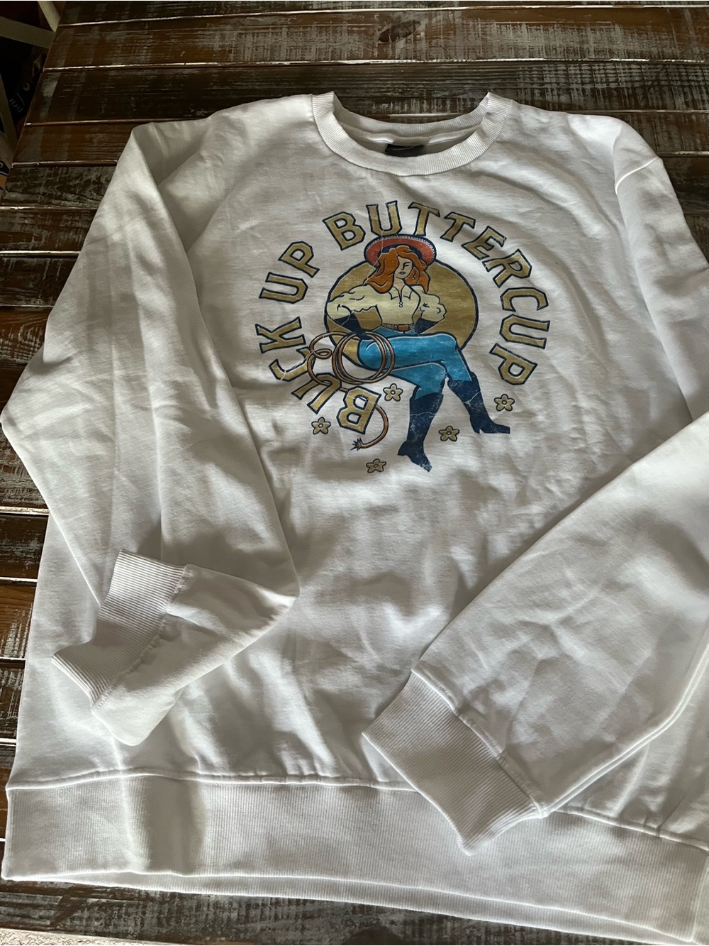 Bioworld White Crewneck Sweatshirt with Retro 'Kick Up Buttercup' Graphic